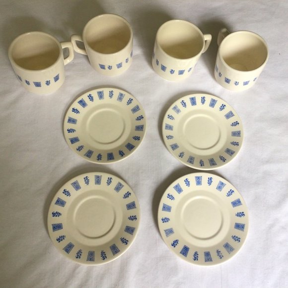 Set of Four Cream colored Mugs and Saucers with blue print design - Picture 5 of 8